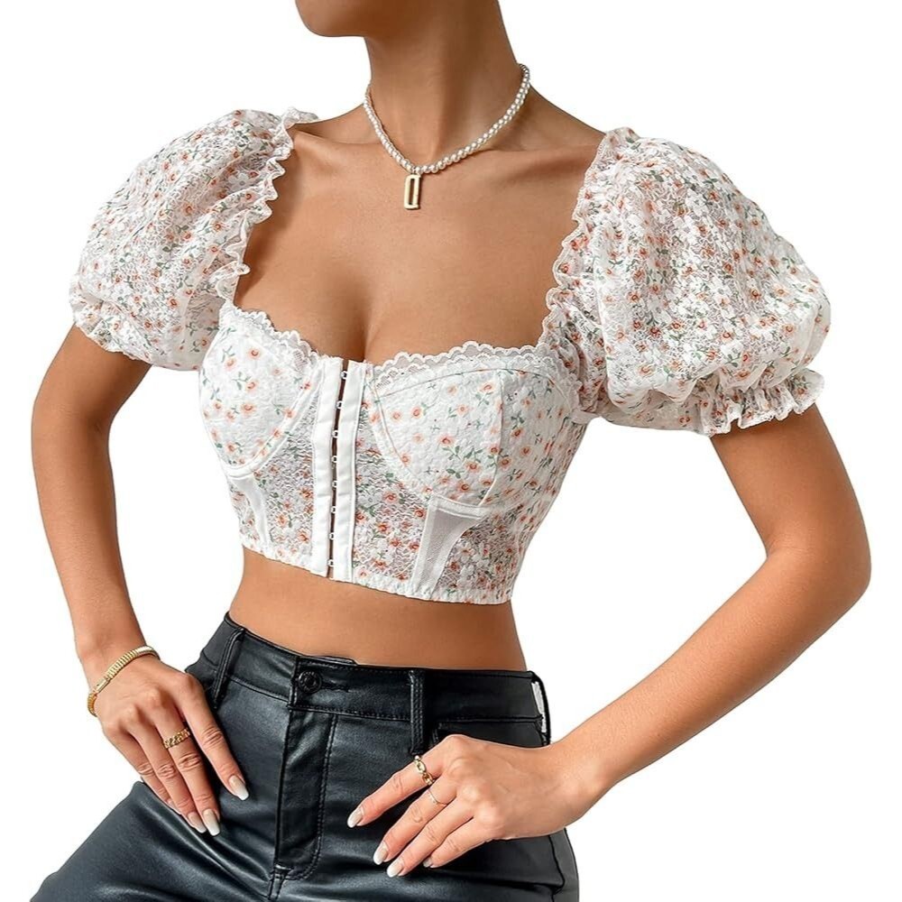 Floral Mesh Lace Corset Top with Puff Sleeves Size S